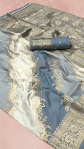 Grey & White Rangkat Zari Weaved Banarasi Silk Saree